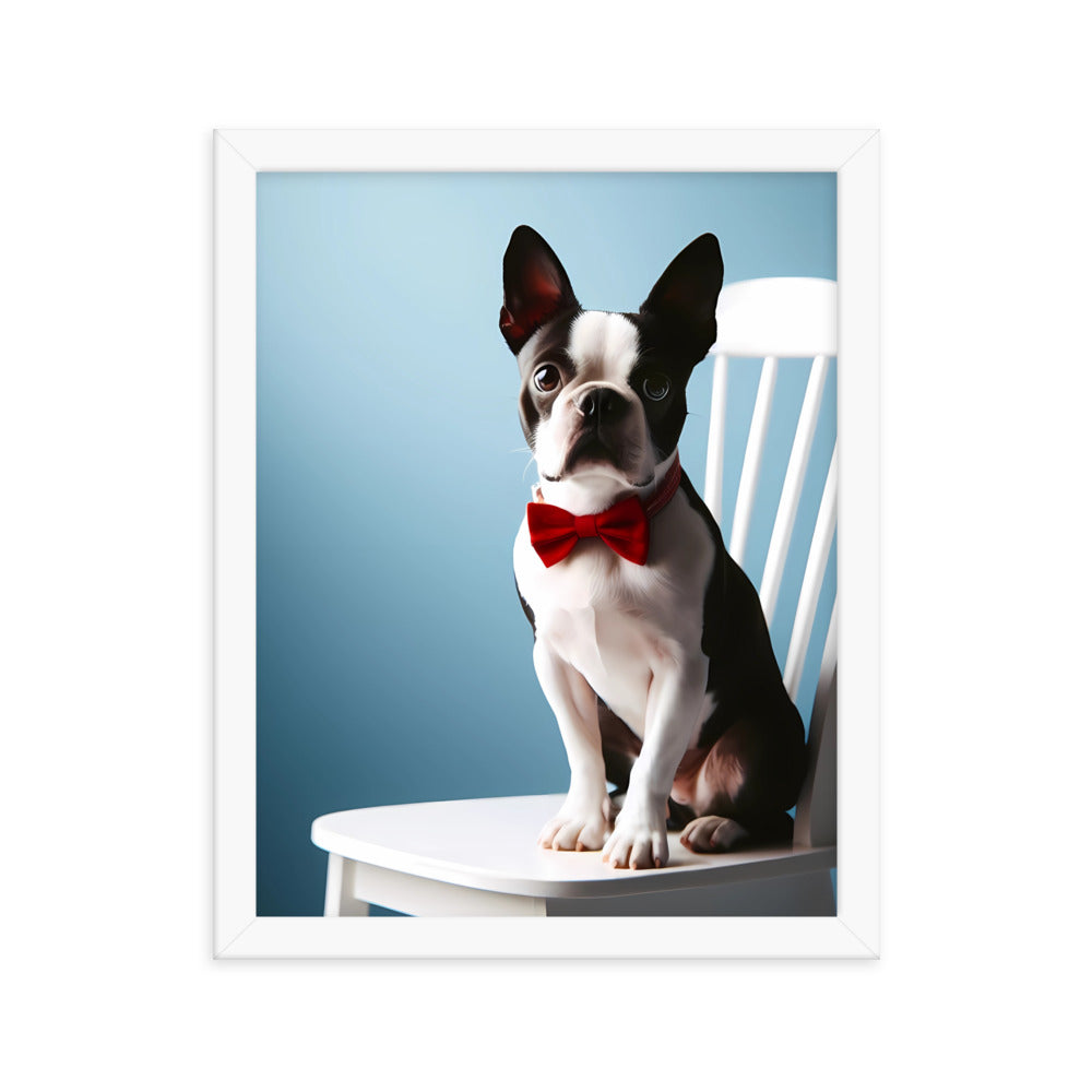 Dapper Boston Terrier in Red Bow Tie Seated on White Chair Framed poster