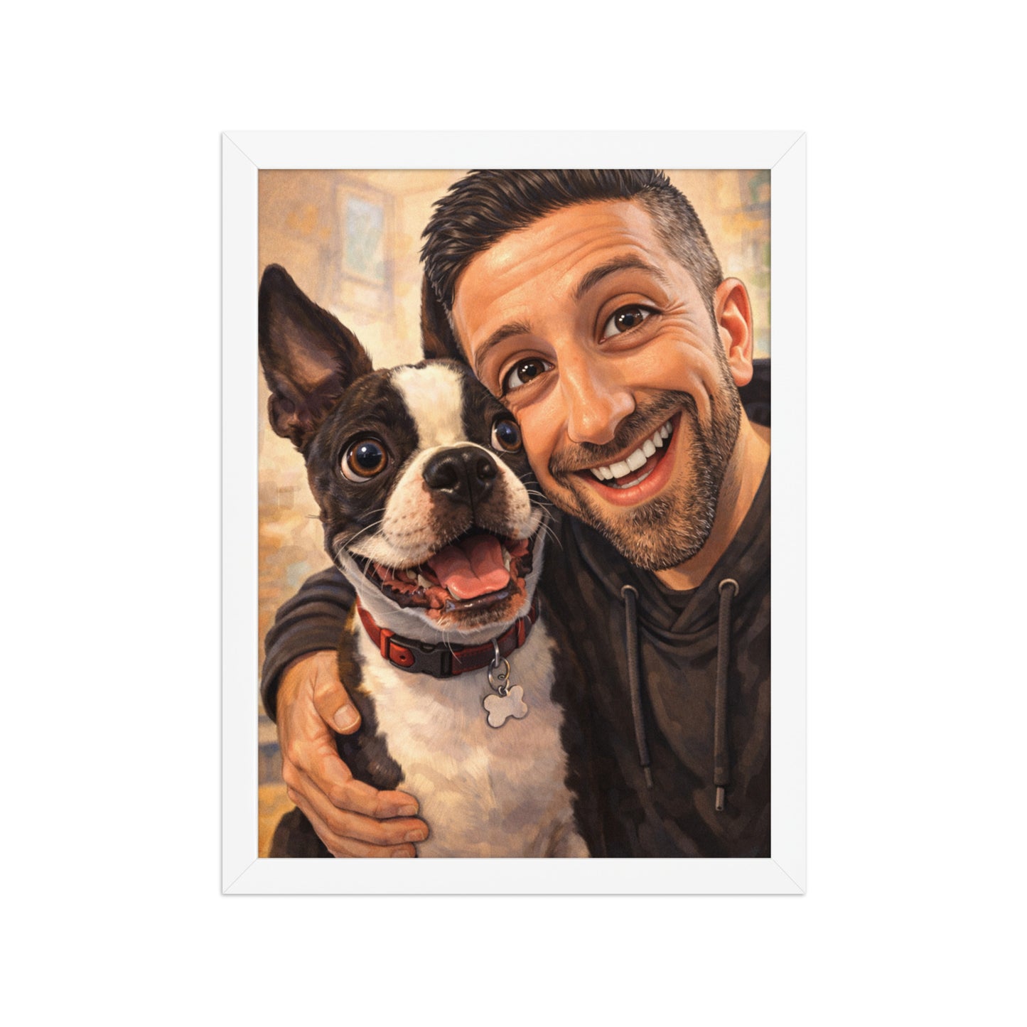 Custom Caricature Dog And Owner Portrait Framed Poster . White 12″×16″