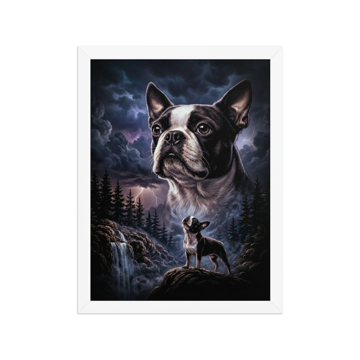 Storm Guardian – Majestic Boston Terrier Night Art Framed Poster . White 12″×16″