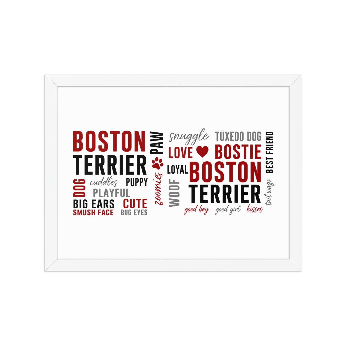 Boston Terrier Word Collage Framed Poster – Dog Lover Typography Art . White 12″×16″