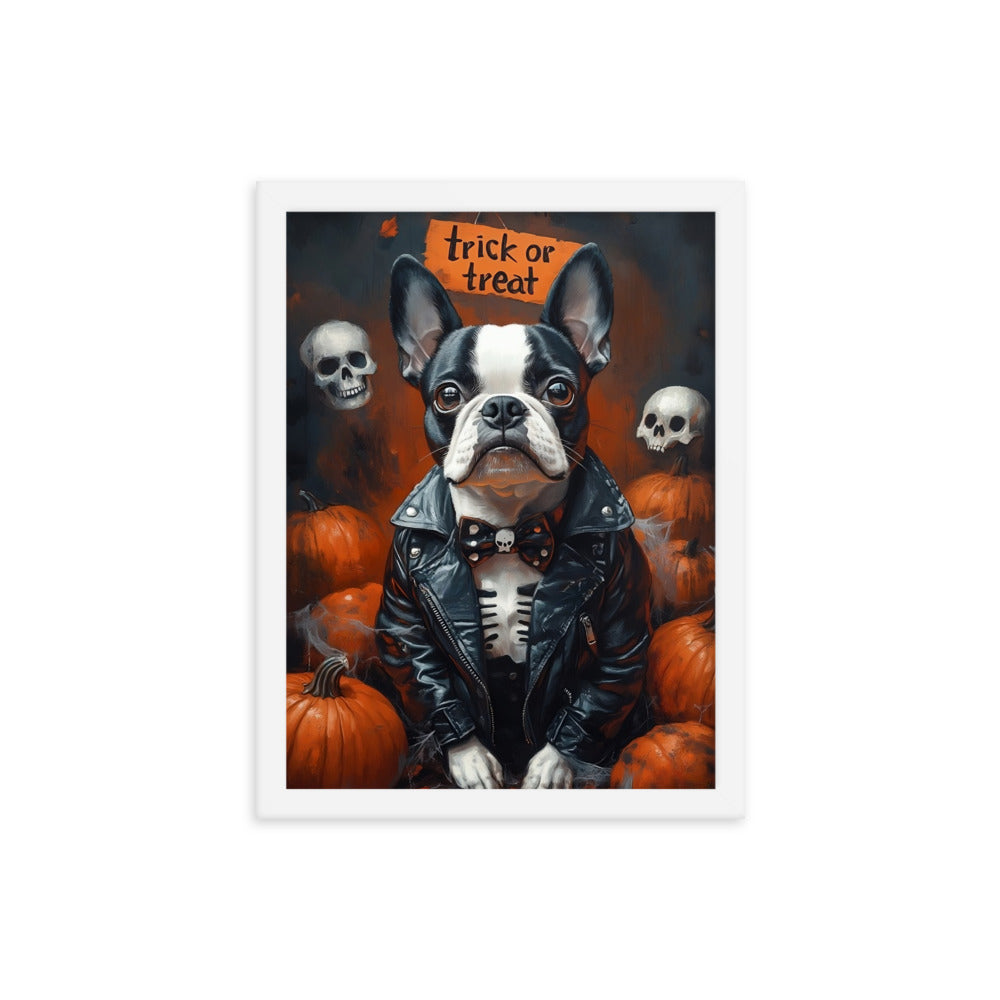 Halloween Boston Terrier Trick or Treat Framed Poster