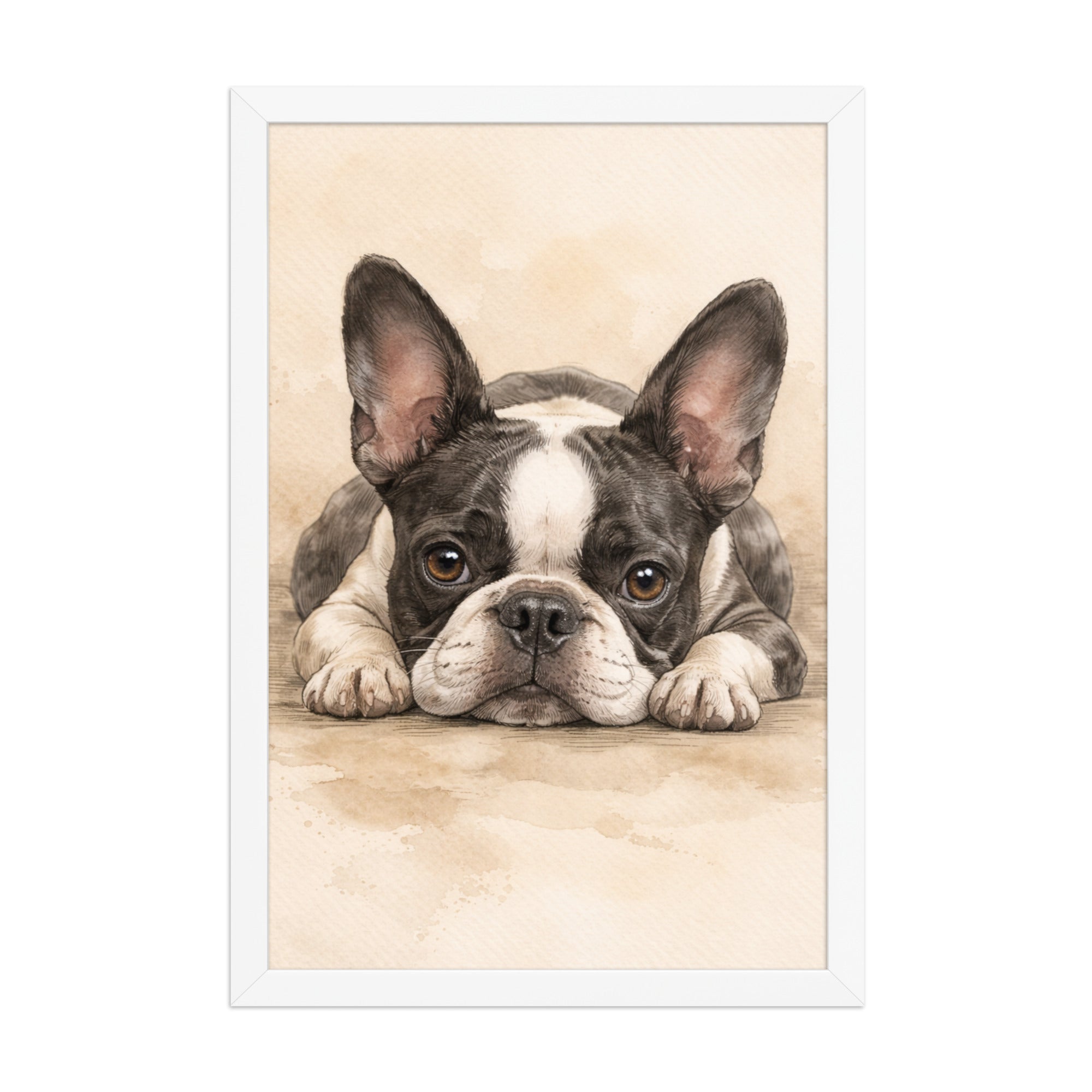Watercolor Boston Terrier Dog Art Print Framed Poster . White 12″×18″