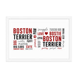 Boston Terrier Word Collage Framed Poster – Dog Lover Typography Art . White 12″×18″