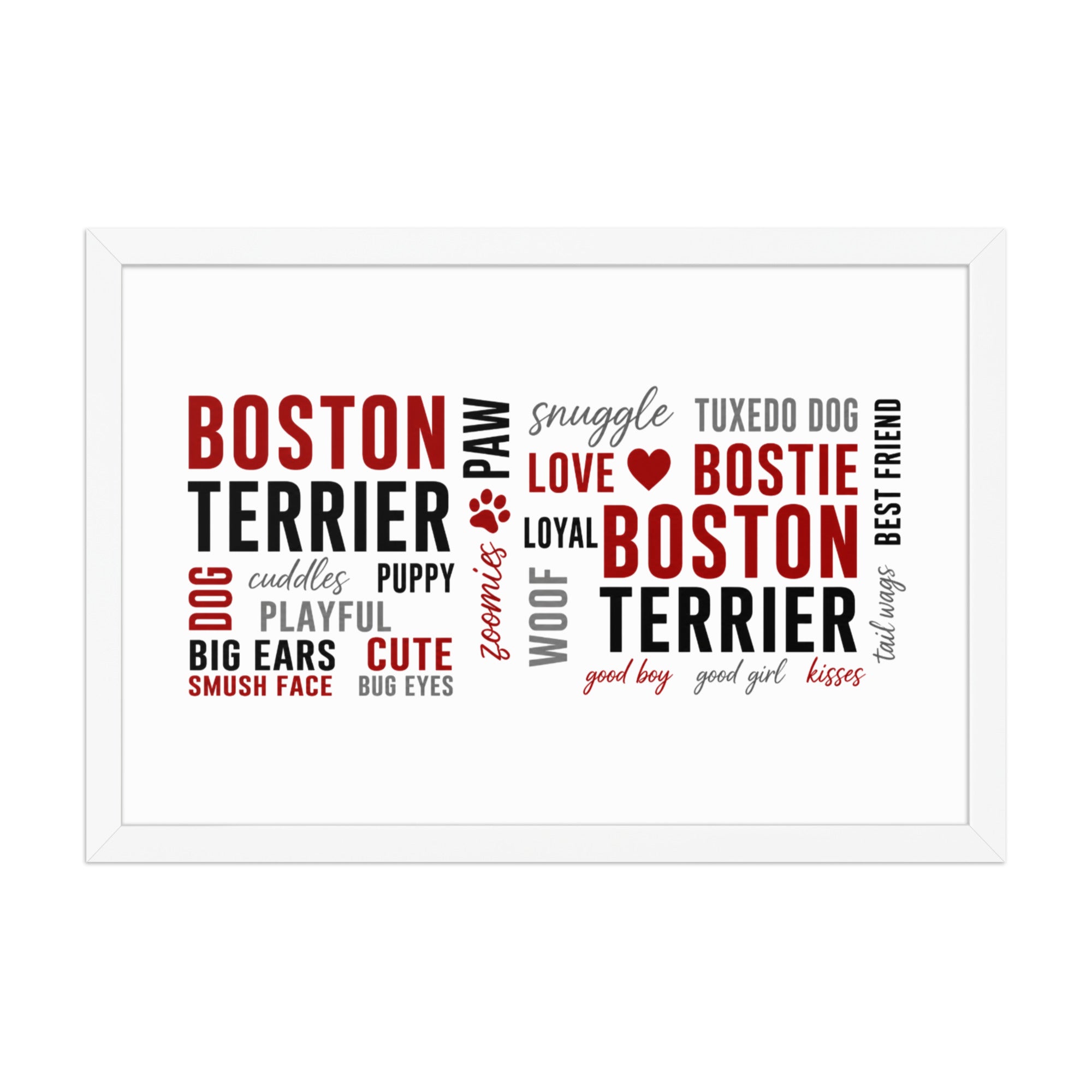 Boston Terrier Word Collage Framed Poster – Dog Lover Typography Art . White 12″×18″