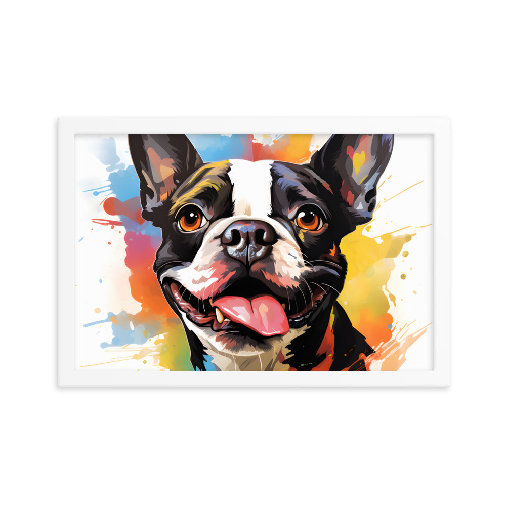 Colorful Playful Boston Terrier Dog Splash Art Framed Poster