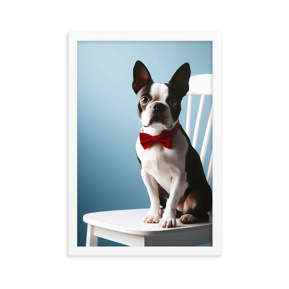 Dapper Boston Terrier in Red Bow Tie Seated on White Chair Framed poster