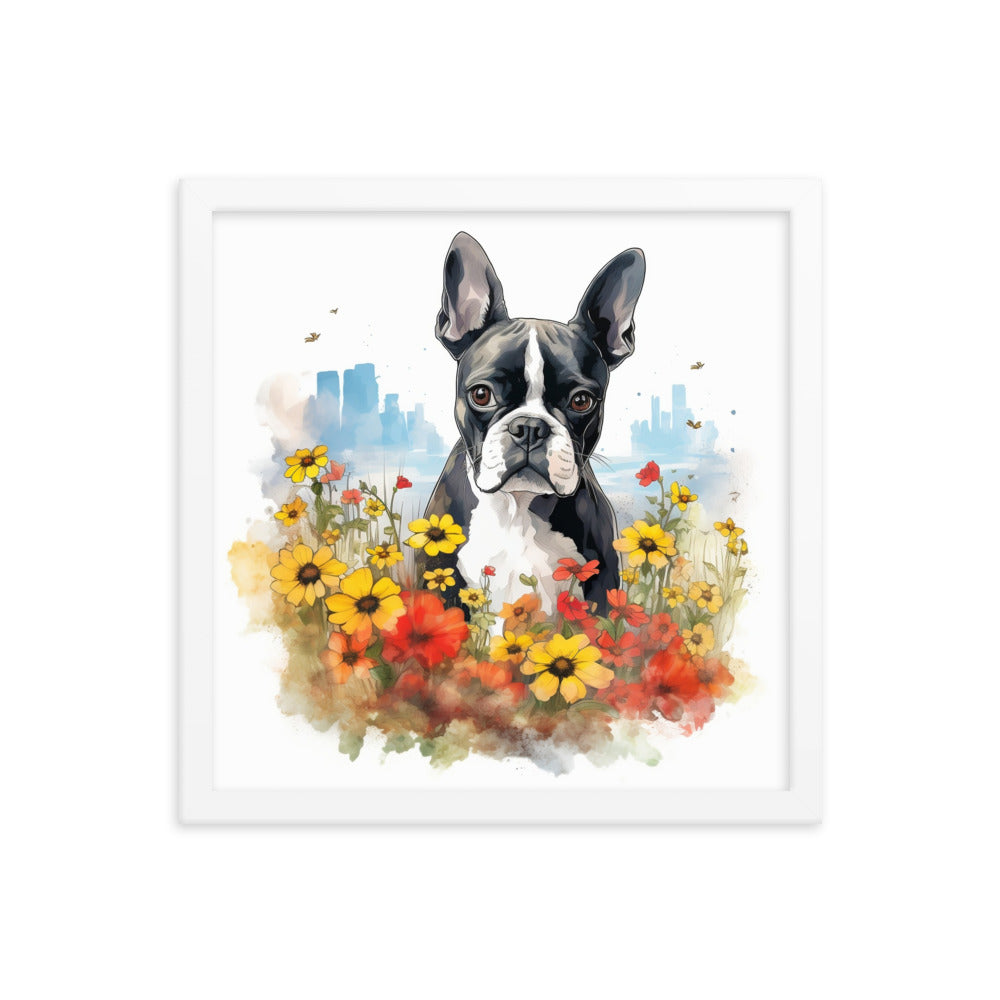 Boston Terrier Dog In A Garden Outside The City Framed Poster