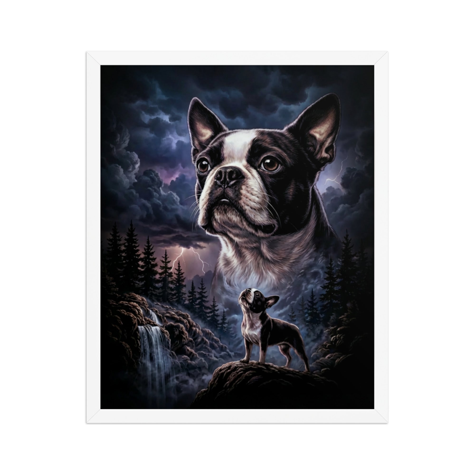 Storm Guardian – Majestic Boston Terrier Night Art Framed Poster . White 16″×20″