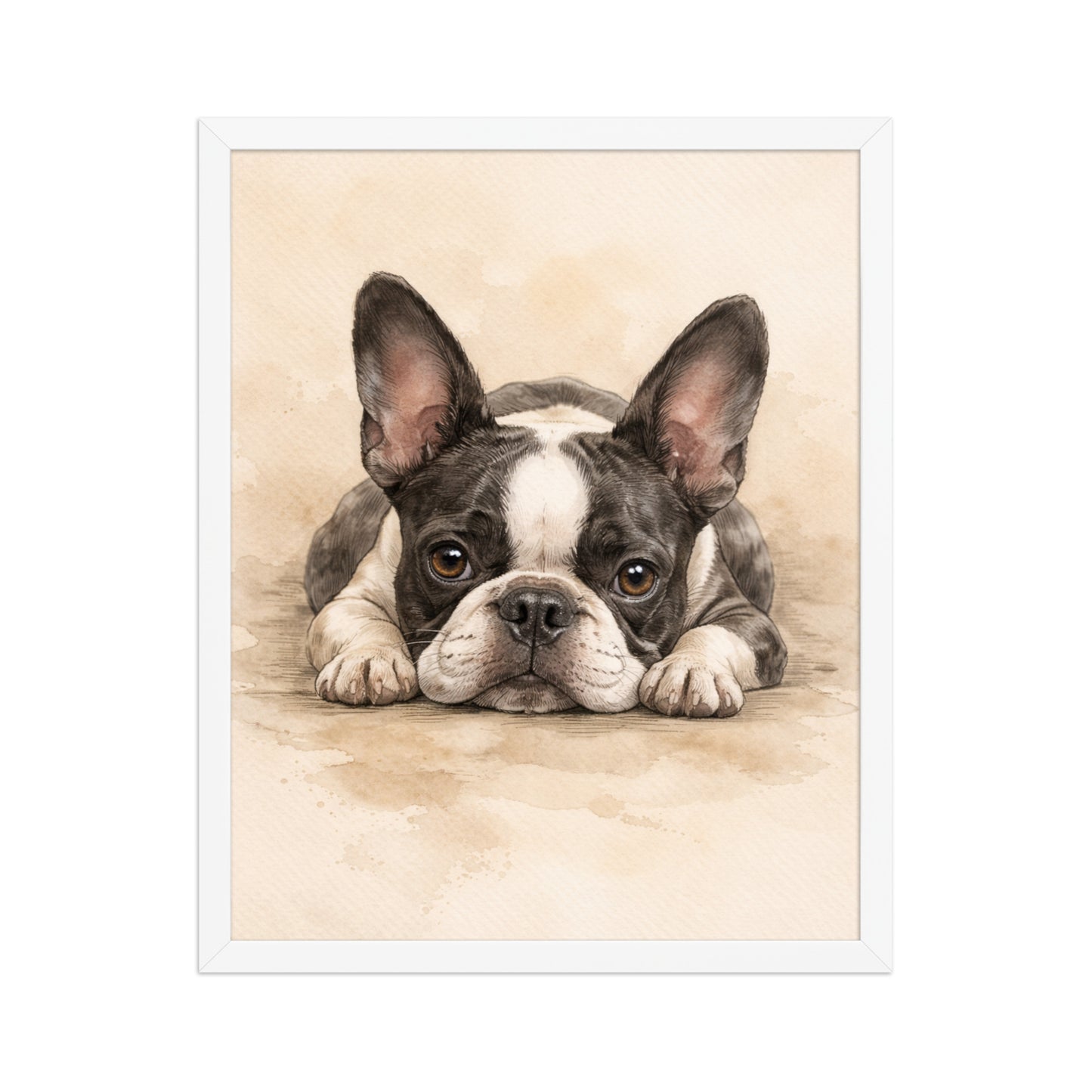 Watercolor Boston Terrier Dog Art Print Framed Poster . White 16″×20″