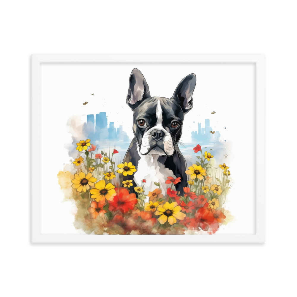 Boston Terrier Dog In A Garden Outside The City Framed Poster