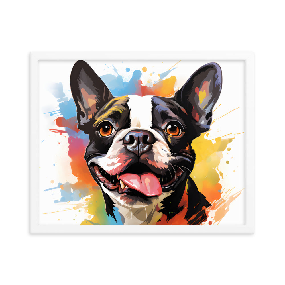 Colorful Playful Boston Terrier Dog Splash Art Framed Poster