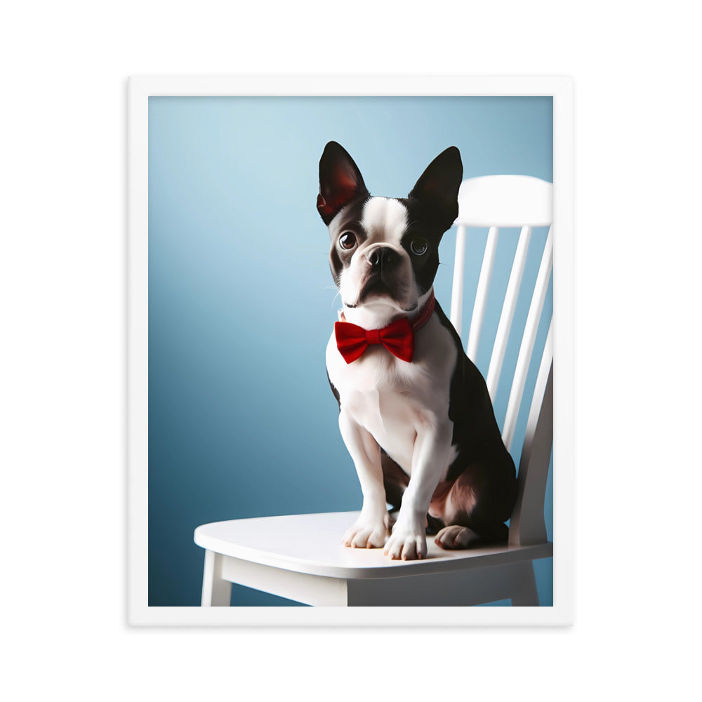 Dapper Boston Terrier in Red Bow Tie Seated on White Chair Framed poster