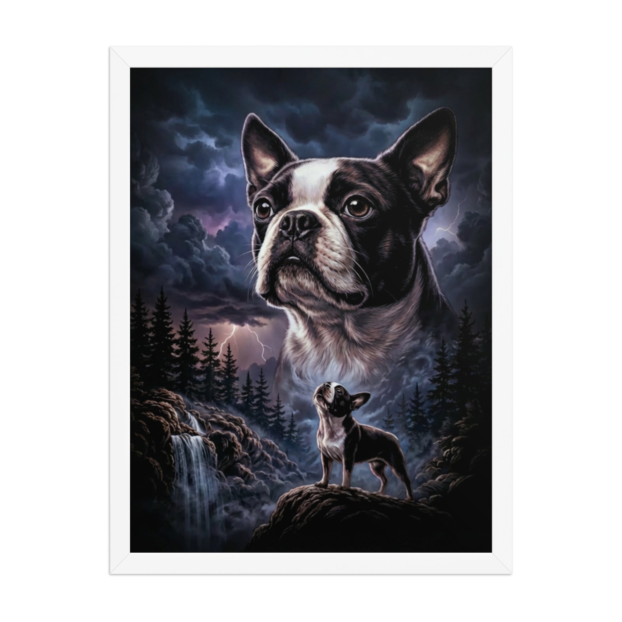 Storm Guardian – Majestic Boston Terrier Night Art Framed Poster . White 18″×24″