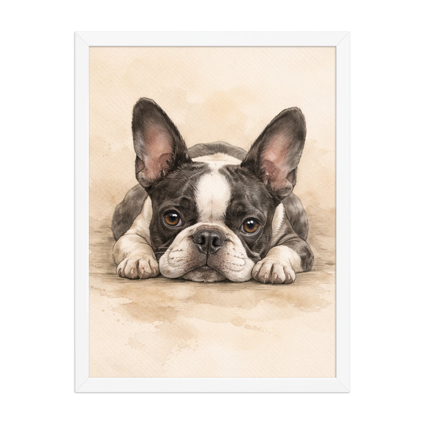 Watercolor Boston Terrier Dog Art Print Framed Poster . White 18″×24″