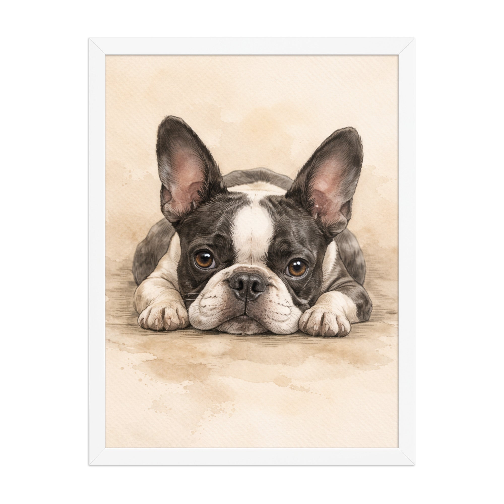 Watercolor Boston Terrier Dog Art Print Framed Poster . White 18″×24″