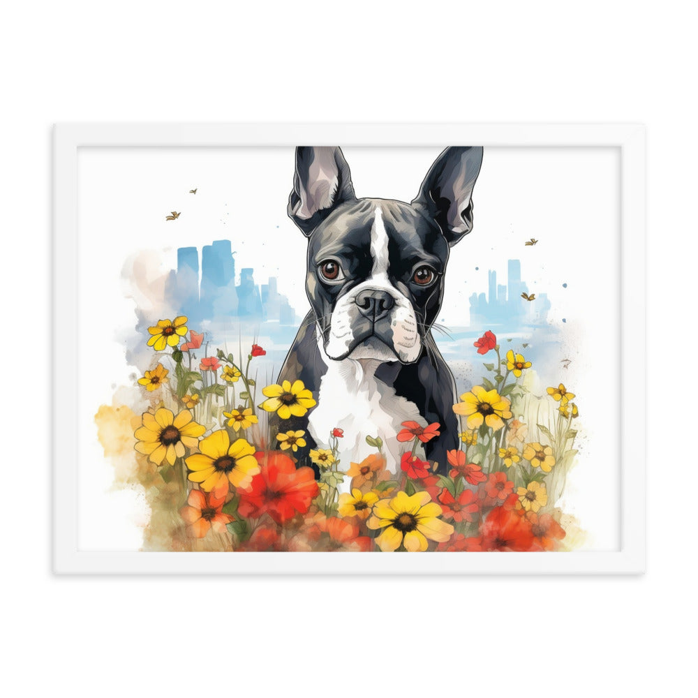 Boston Terrier Dog In A Garden Outside The City Framed Poster