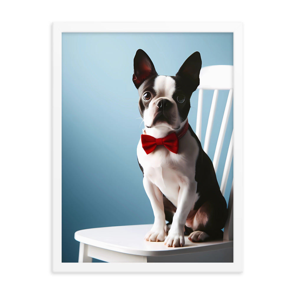 Dapper Boston Terrier in Red Bow Tie Seated on White Chair Framed poster