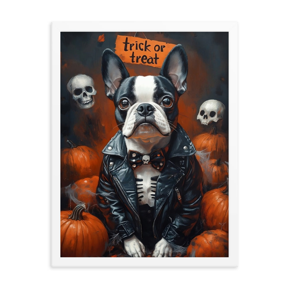 Halloween Boston Terrier Trick or Treat Framed Poster