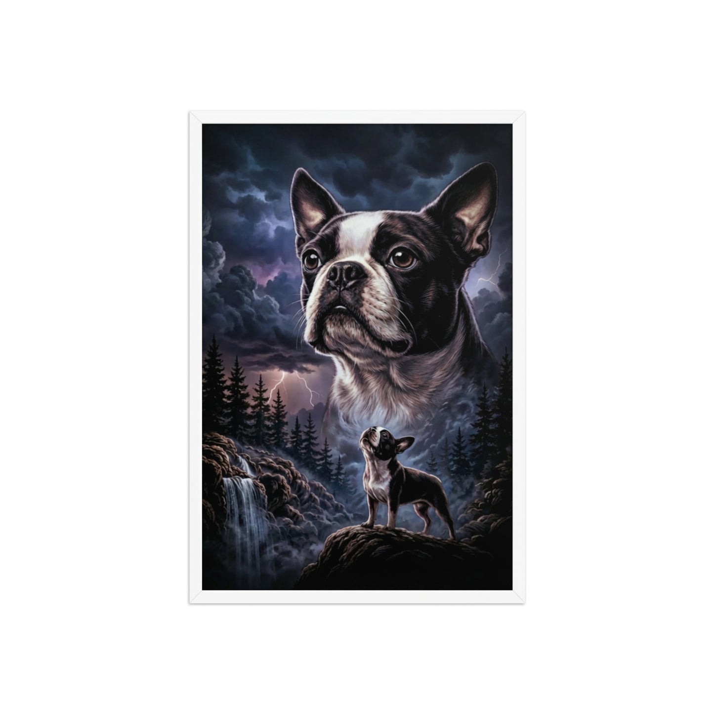 Storm Guardian – Majestic Boston Terrier Night Art Framed Poster . White 20″×30″