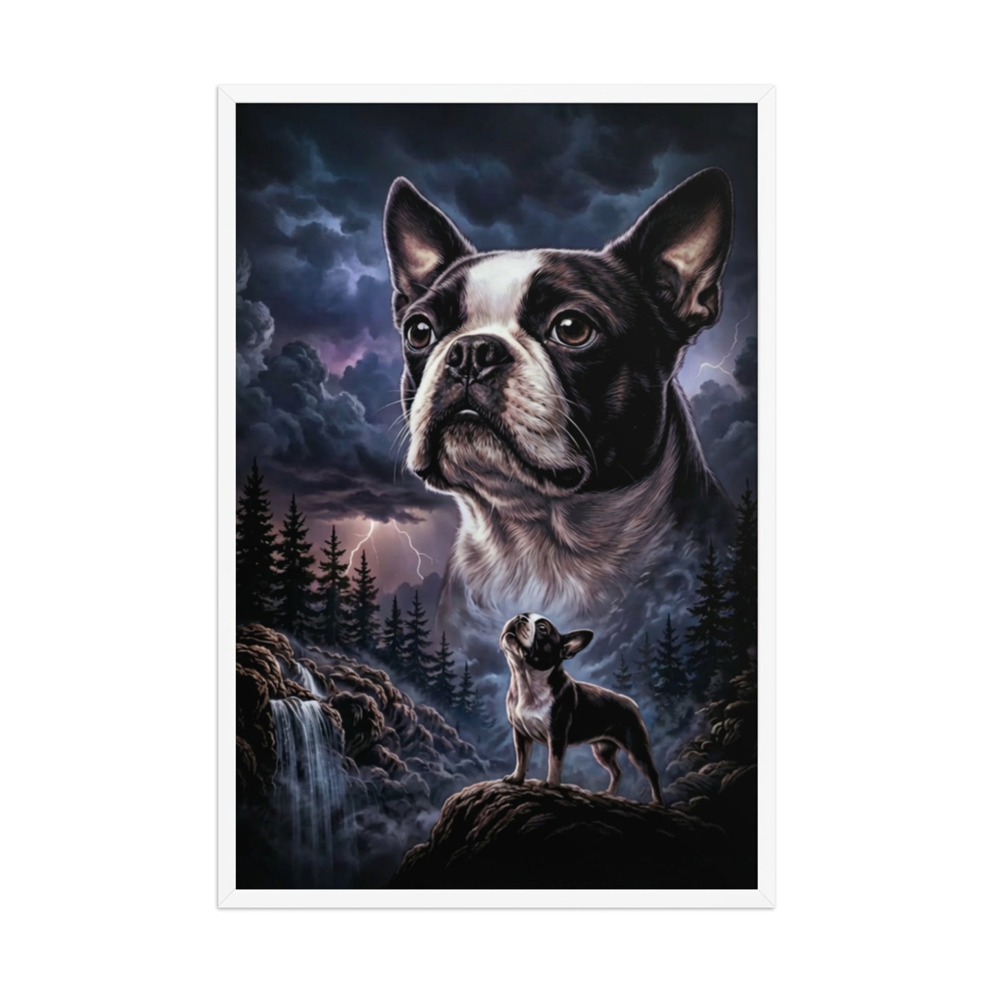 Storm Guardian – Majestic Boston Terrier Night Art Framed Poster . White 24″×36″