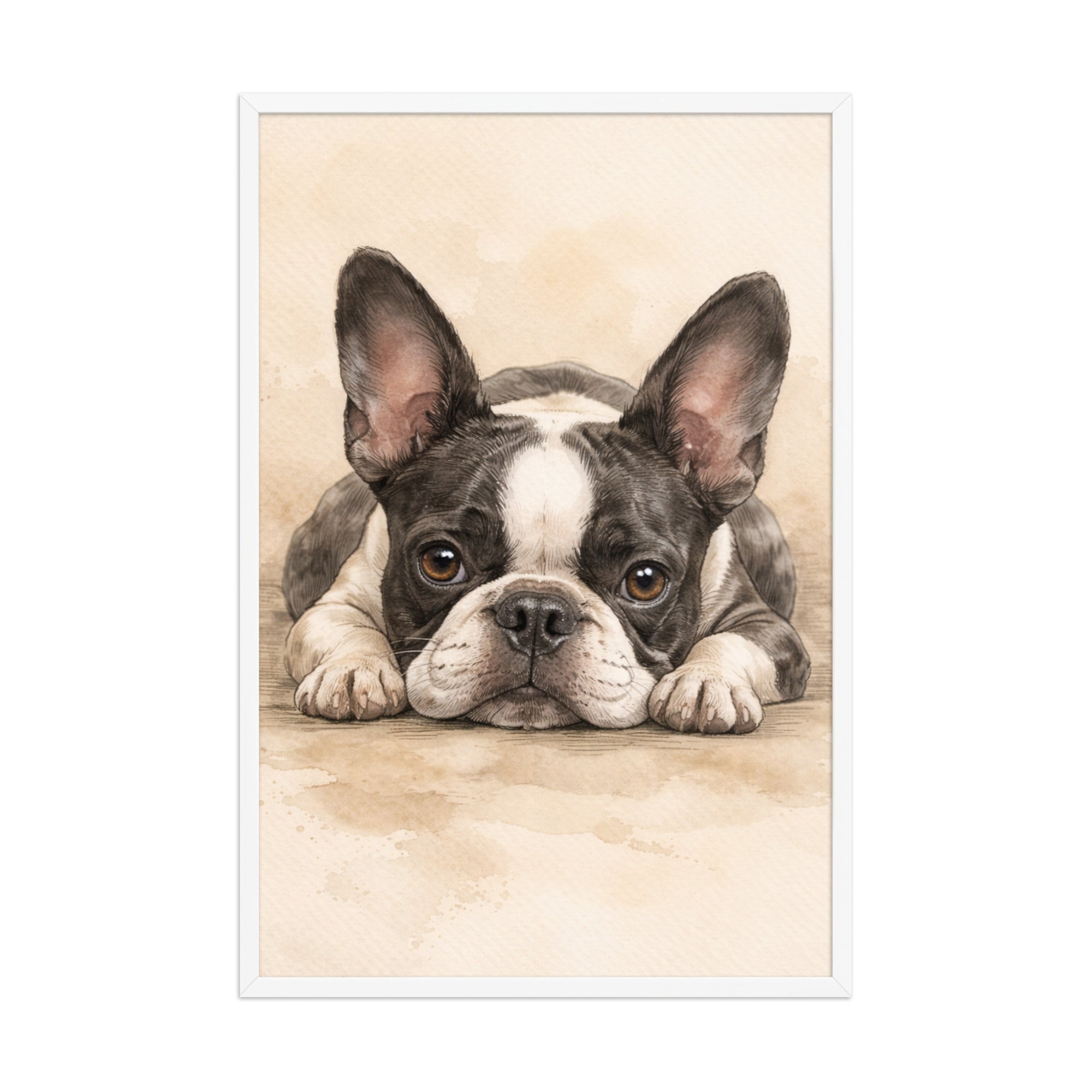 Watercolor Boston Terrier Dog Art Print Framed Poster . White 24″×36″