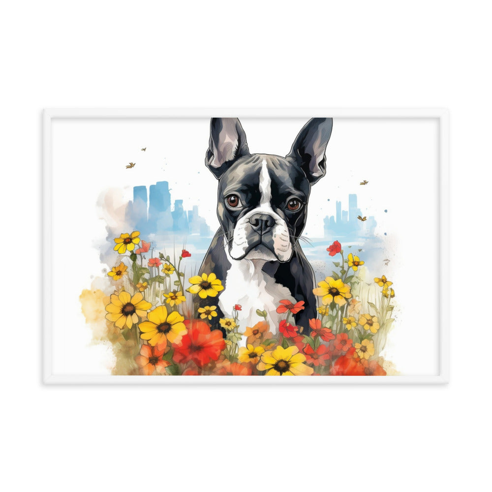 Boston Terrier Dog In A Garden Outside The City Framed Poster