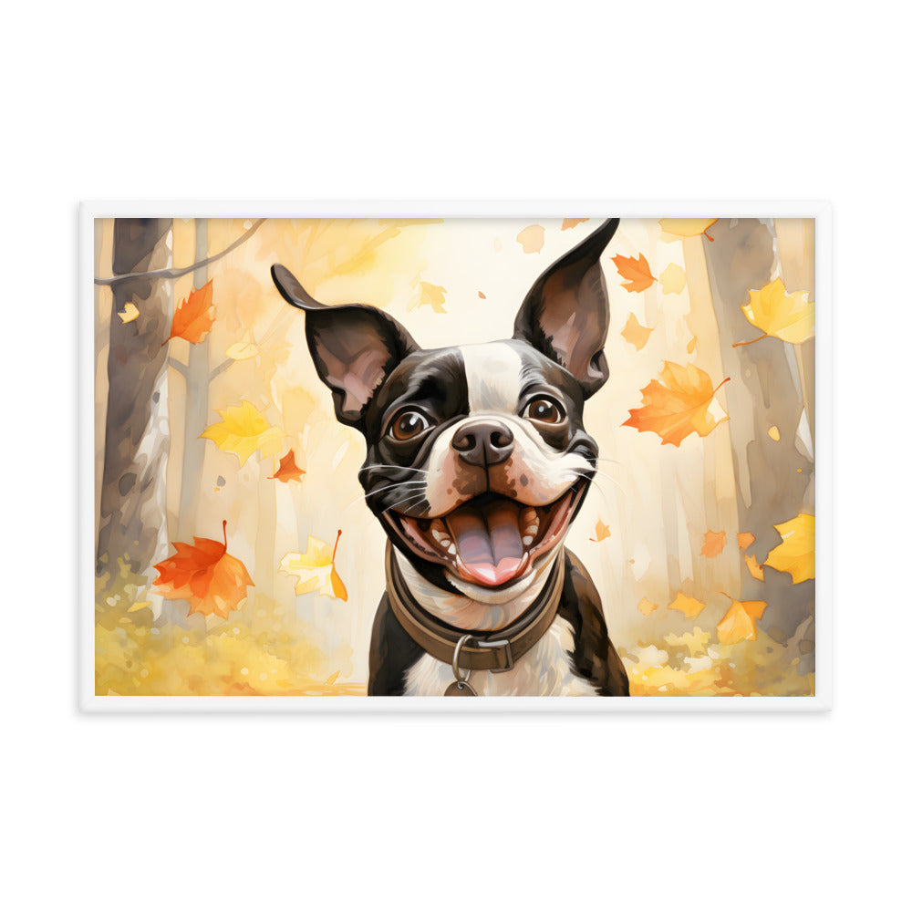 Cheerful Boston Terrier Dog Exploring A Park Watercolor Framed poster