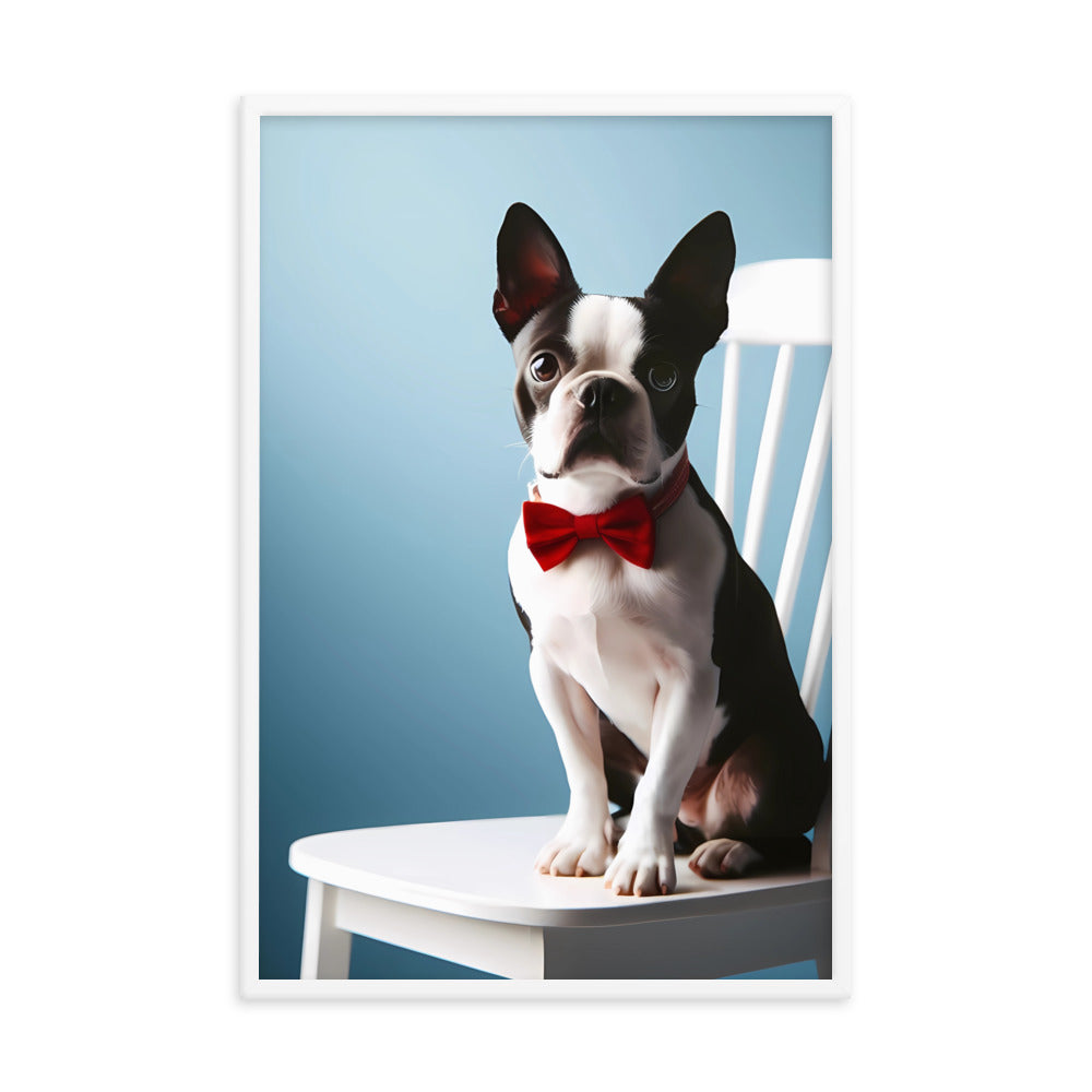 Dapper Boston Terrier in Red Bow Tie Seated on White Chair Framed poster