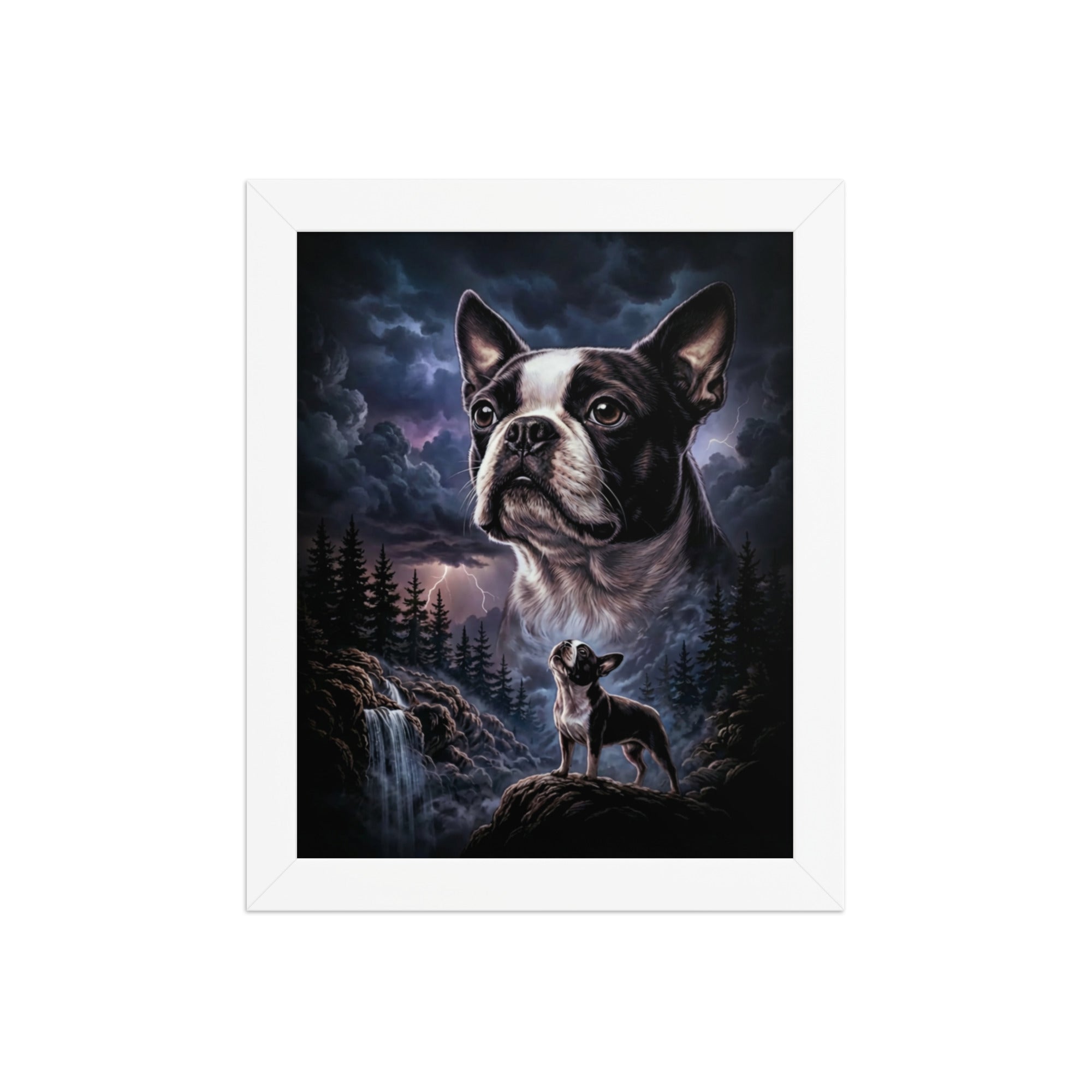Storm Guardian – Majestic Boston Terrier Night Art Framed Poster . White 8″×10″