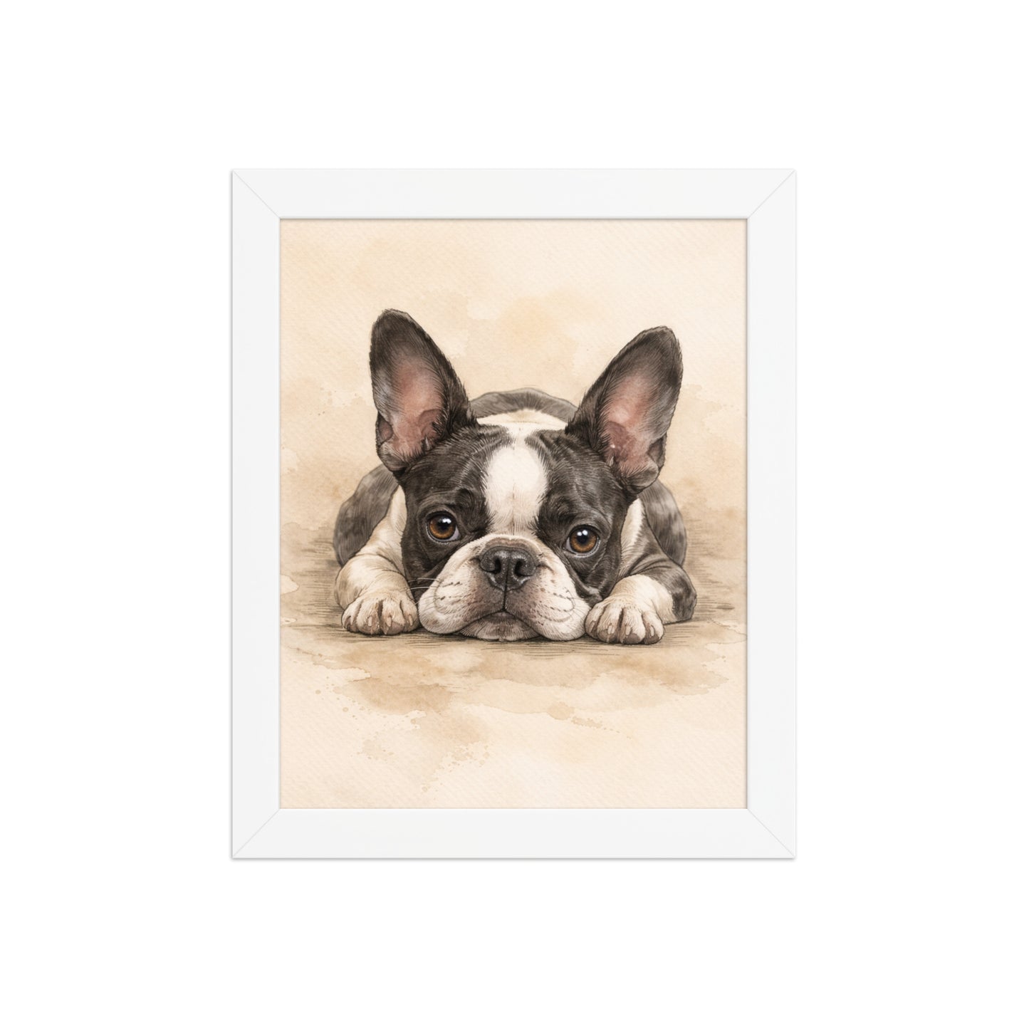 Watercolor Boston Terrier Dog Art Print Framed Poster . White 8″×10″