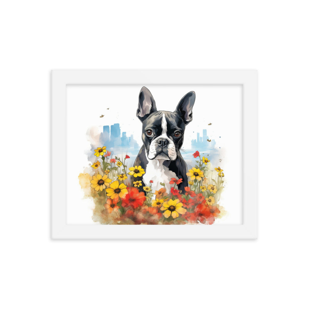 Boston Terrier Dog In A Garden Outside The City Framed Poster