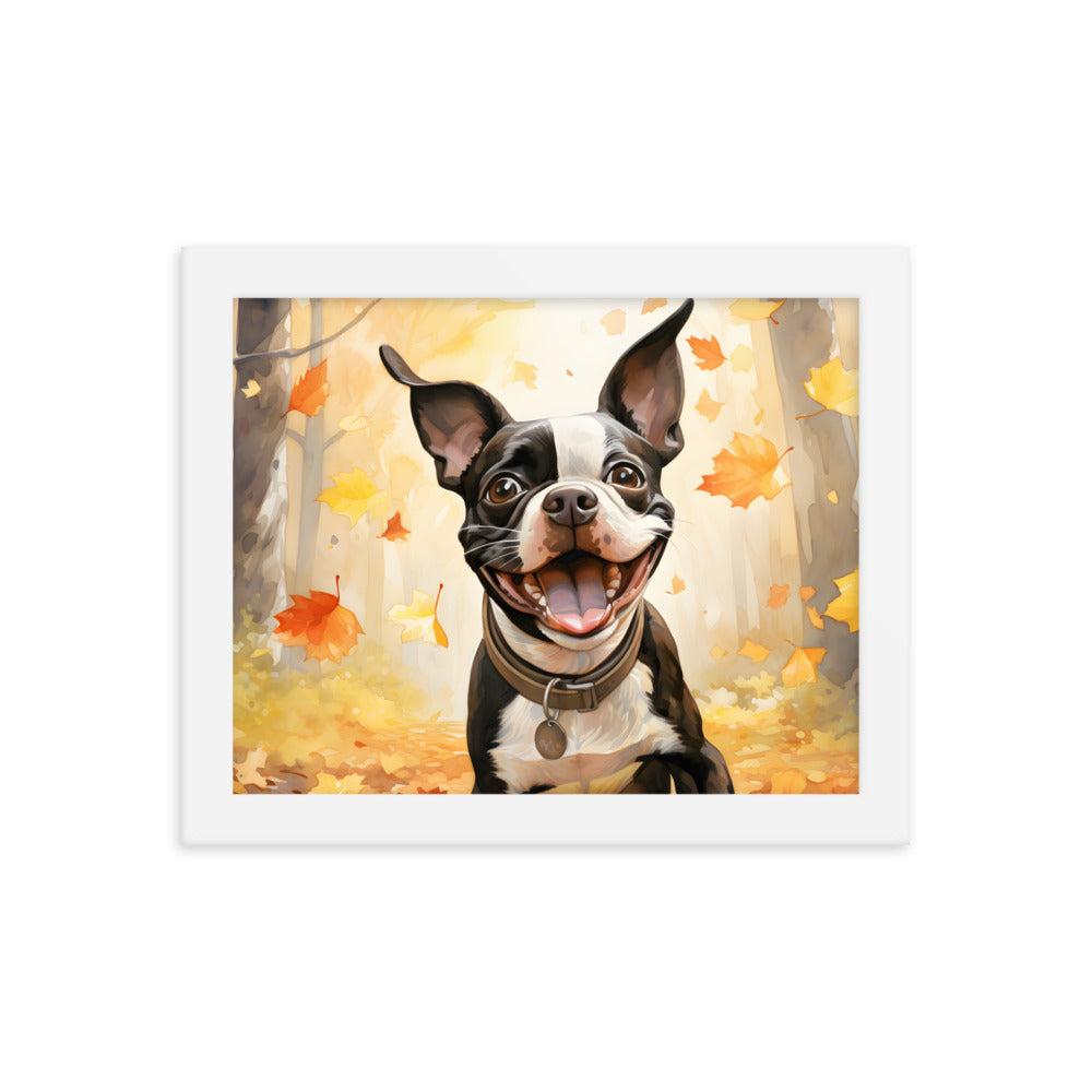 Cheerful Boston Terrier Dog Exploring A Park Watercolor Framed poster