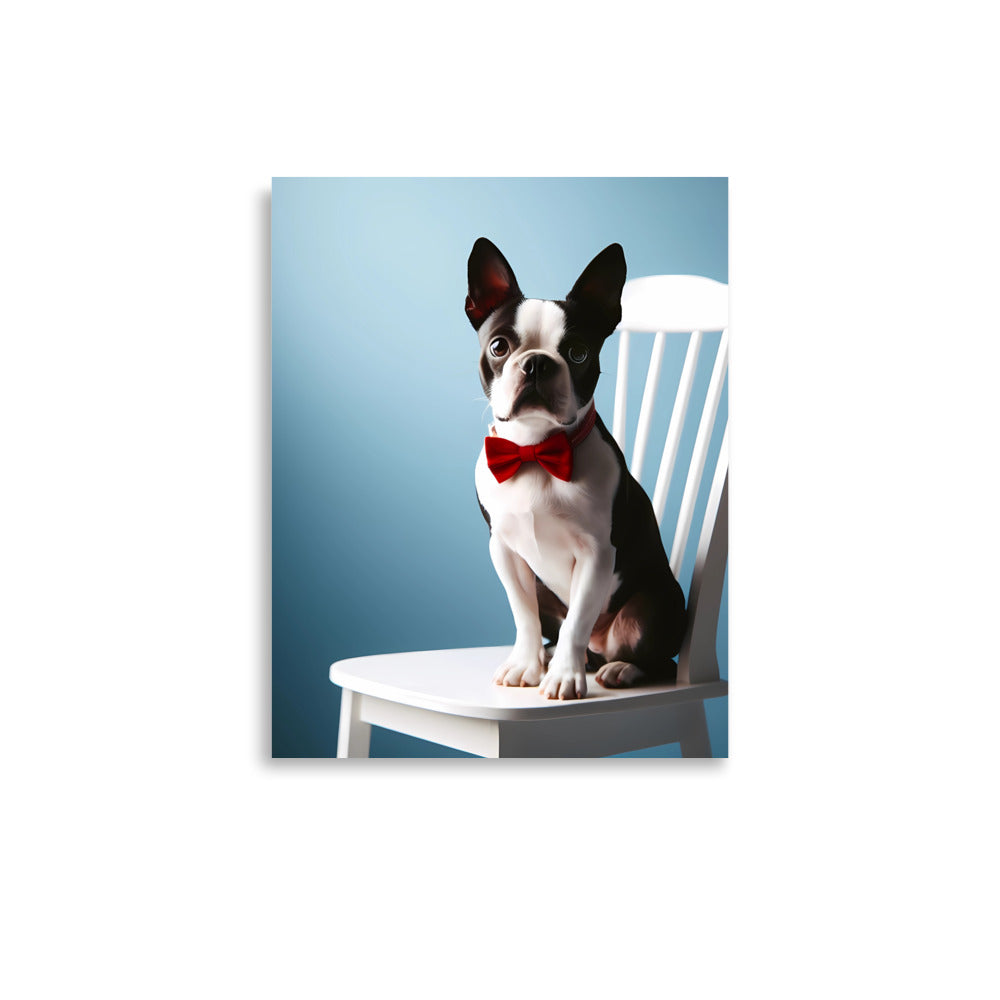 Dapper Boston Terrier in Red Bow Tie Seated on White Chair Poster