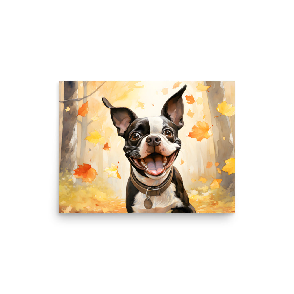 Cheerful Boston Terrier Dog Exploring A Park Watercolor Poster