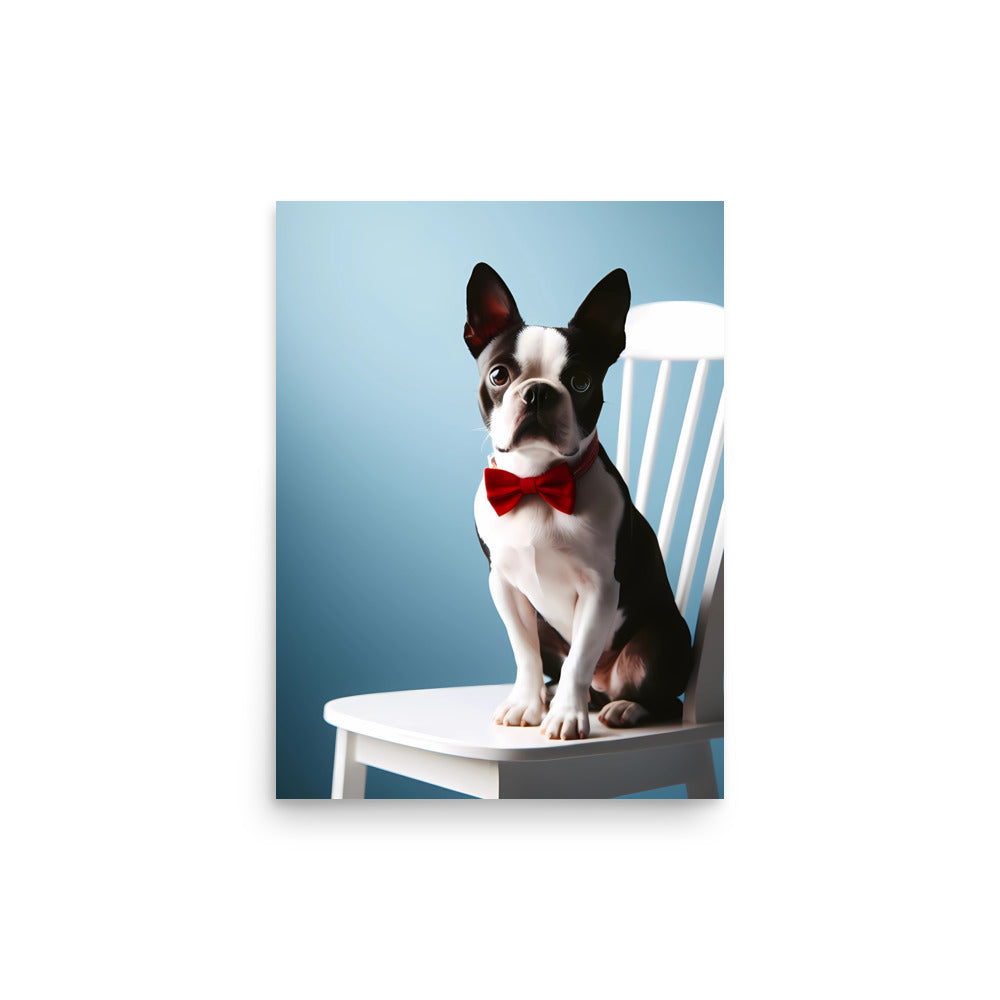 Dapper Boston Terrier in Red Bow Tie Seated on White Chair Poster