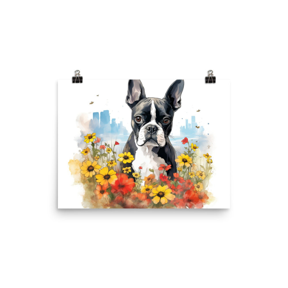 Boston Terrier Dog In A Garden Outside The City Poster