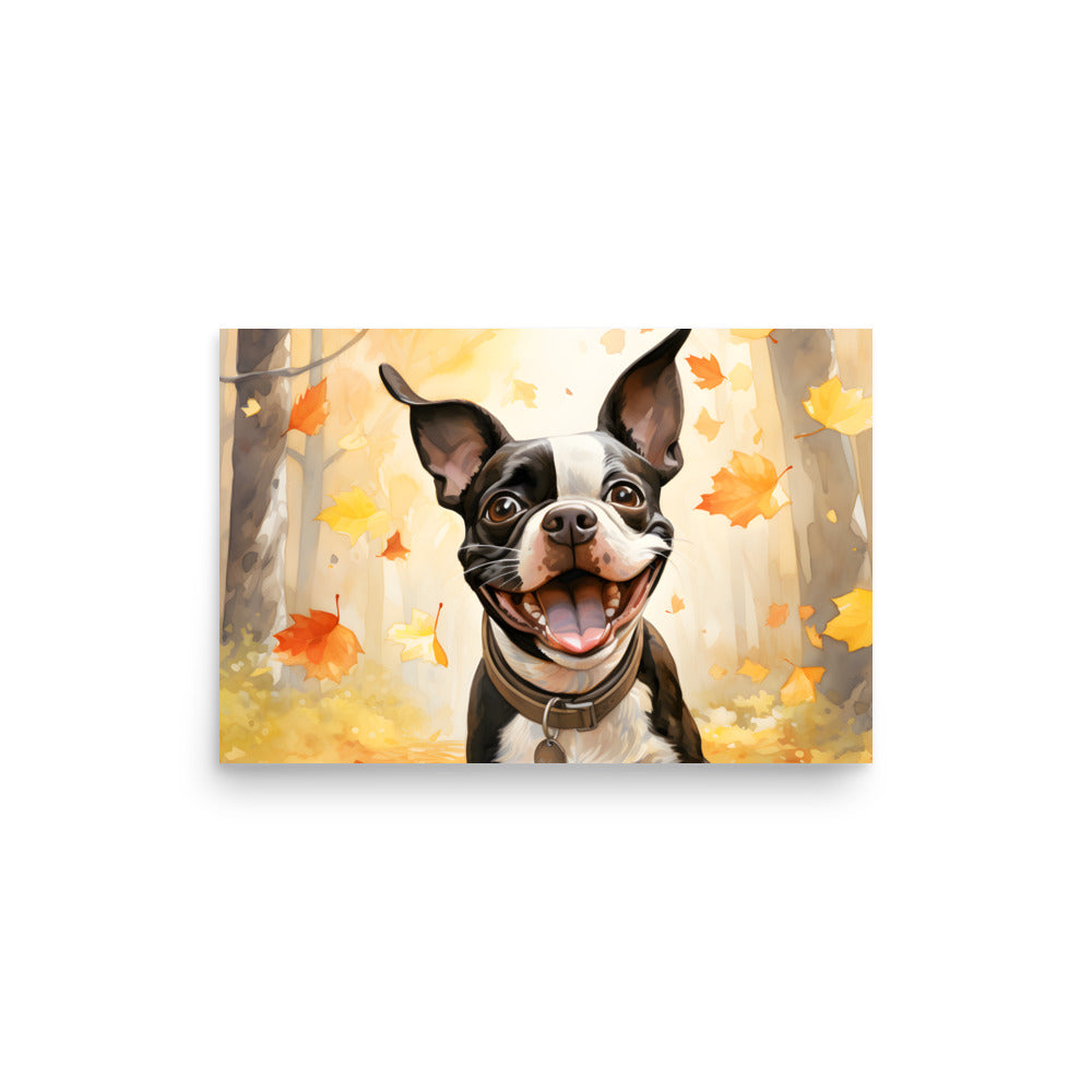 Cheerful Boston Terrier Dog Exploring A Park Watercolor Poster