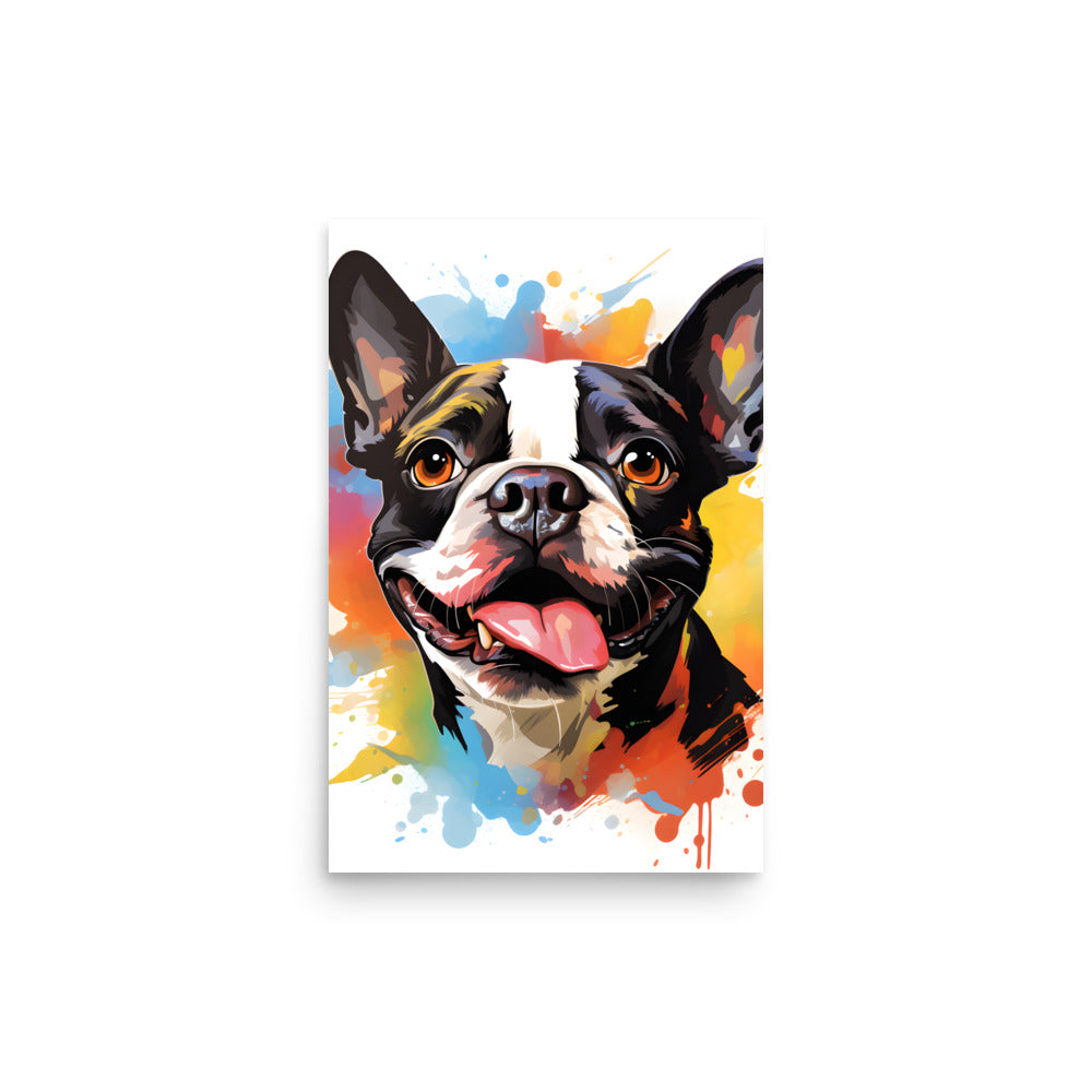 Colorful Playful Boston Terrier Dog Splash Art Poster