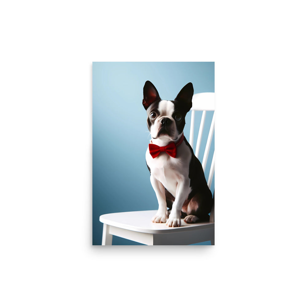 Dapper Boston Terrier in Red Bow Tie Seated on White Chair Poster