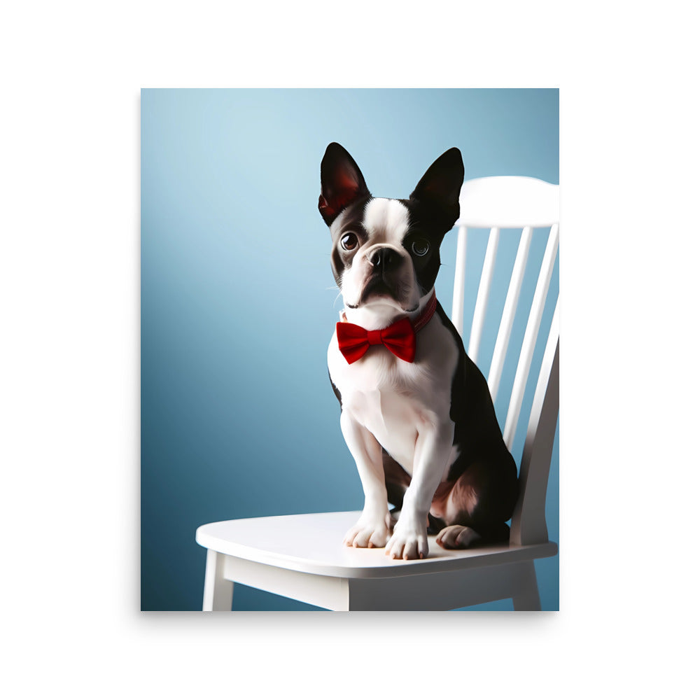 Dapper Boston Terrier in Red Bow Tie Seated on White Chair Poster