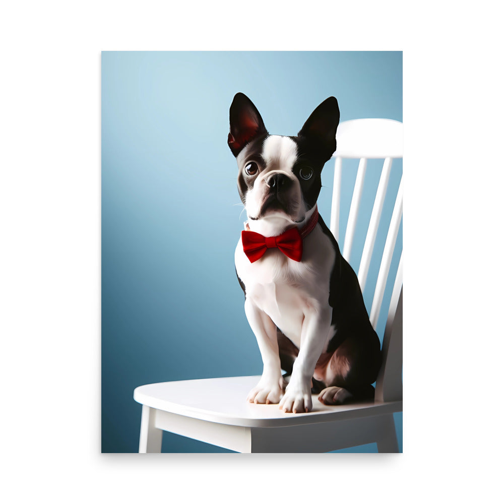 Dapper Boston Terrier in Red Bow Tie Seated on White Chair Poster