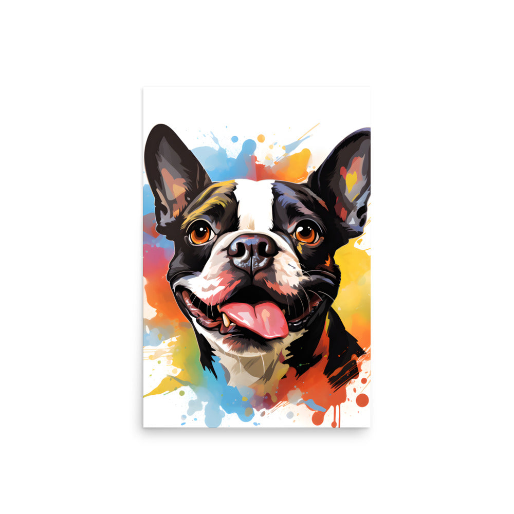 Colorful Playful Boston Terrier Dog Splash Art Poster