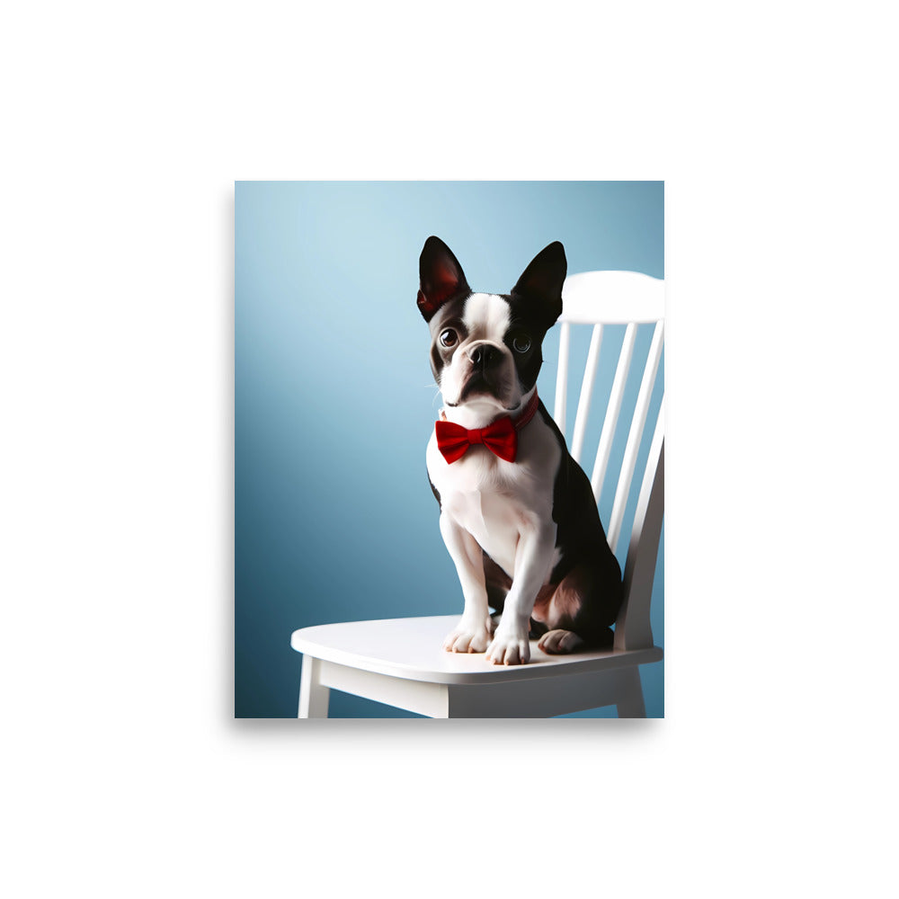 Dapper Boston Terrier in Red Bow Tie Seated on White Chair Poster