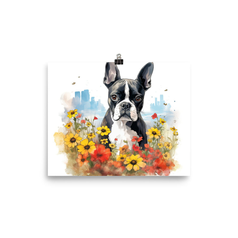 Boston Terrier Dog In A Garden Outside The City Poster