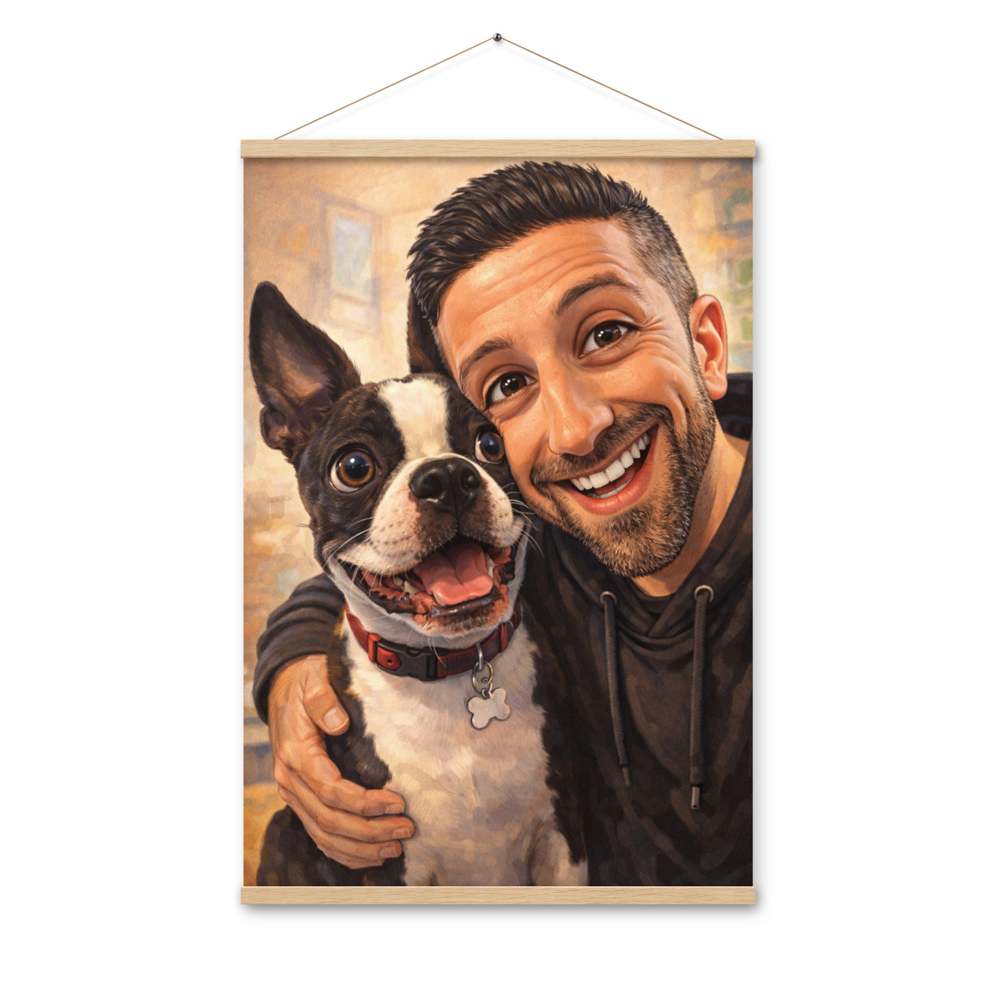 Custom Caricature Dog And Owner Portrait Poster with Hangers . Oak 24″×36″
