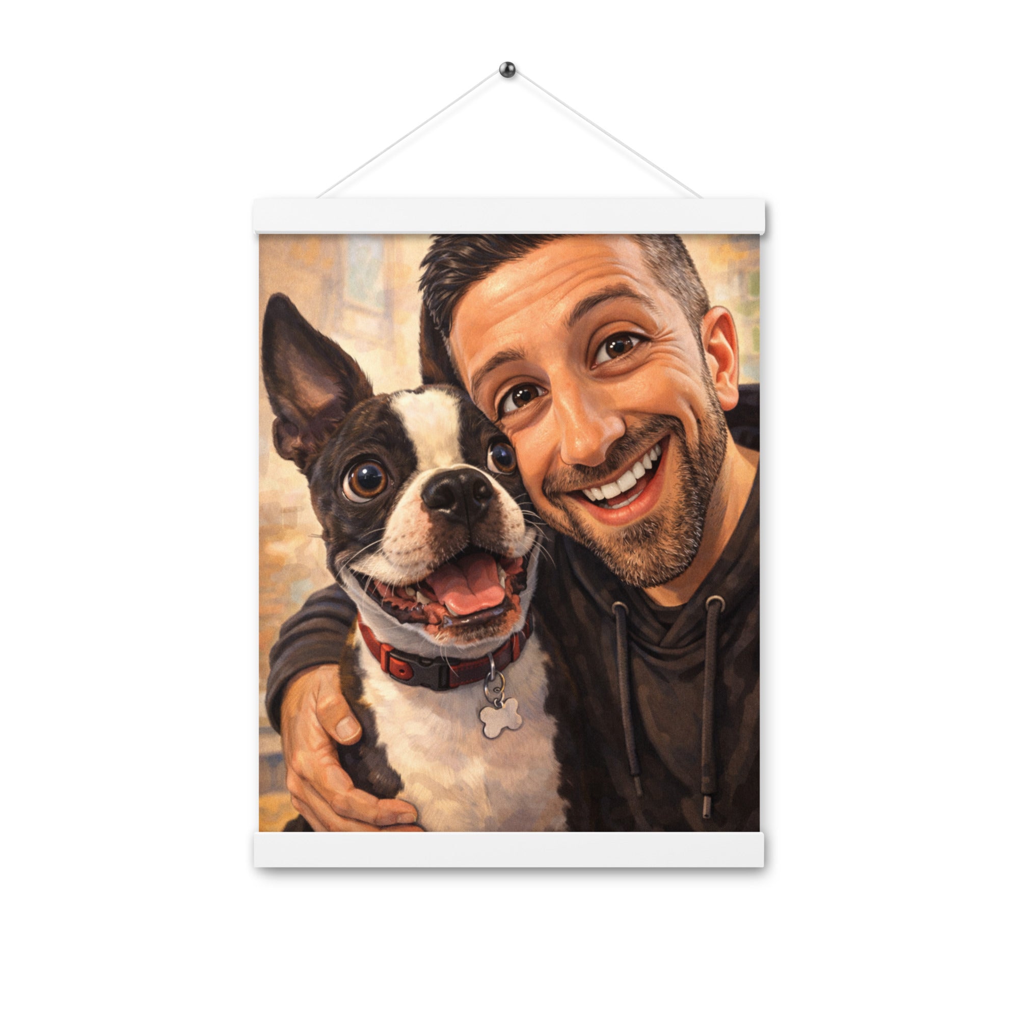 Custom Caricature Dog And Owner Portrait Poster with Hangers . White 12″×16″