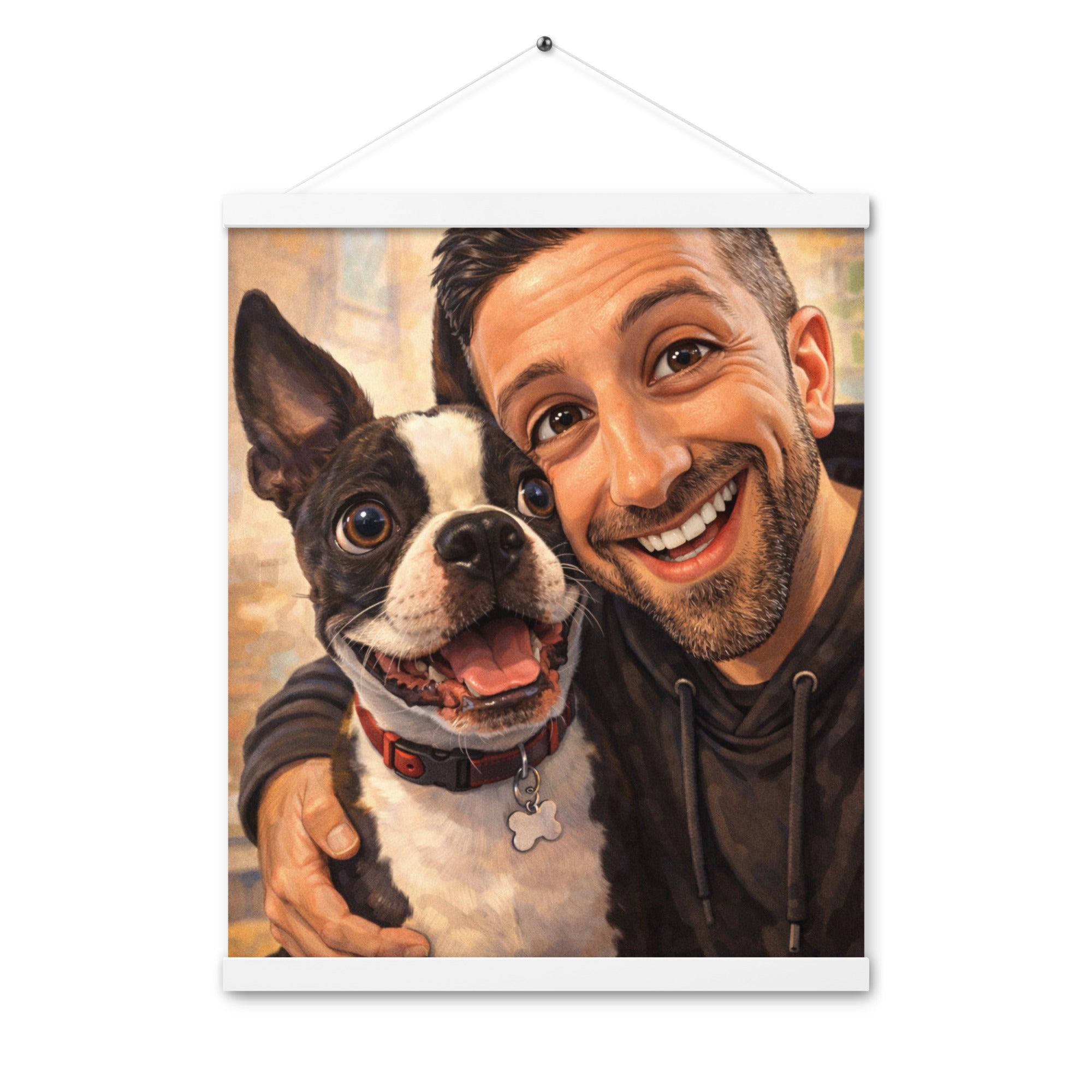 Custom Caricature Dog And Owner Portrait Poster with Hangers . White 16″×20″