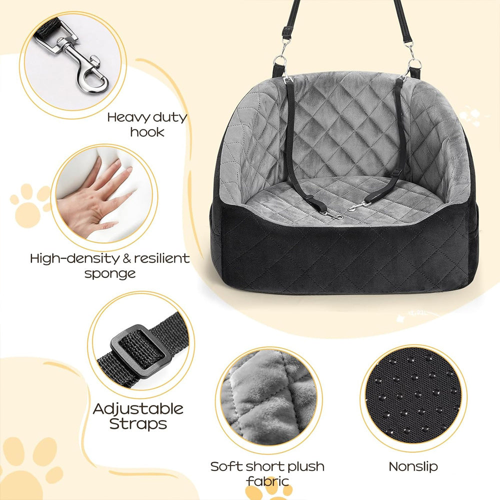 Soft Plush Dog Car Booster Seat – Washable Travel Bed with Safety Belts & Storage Pocket for Small Dogs .