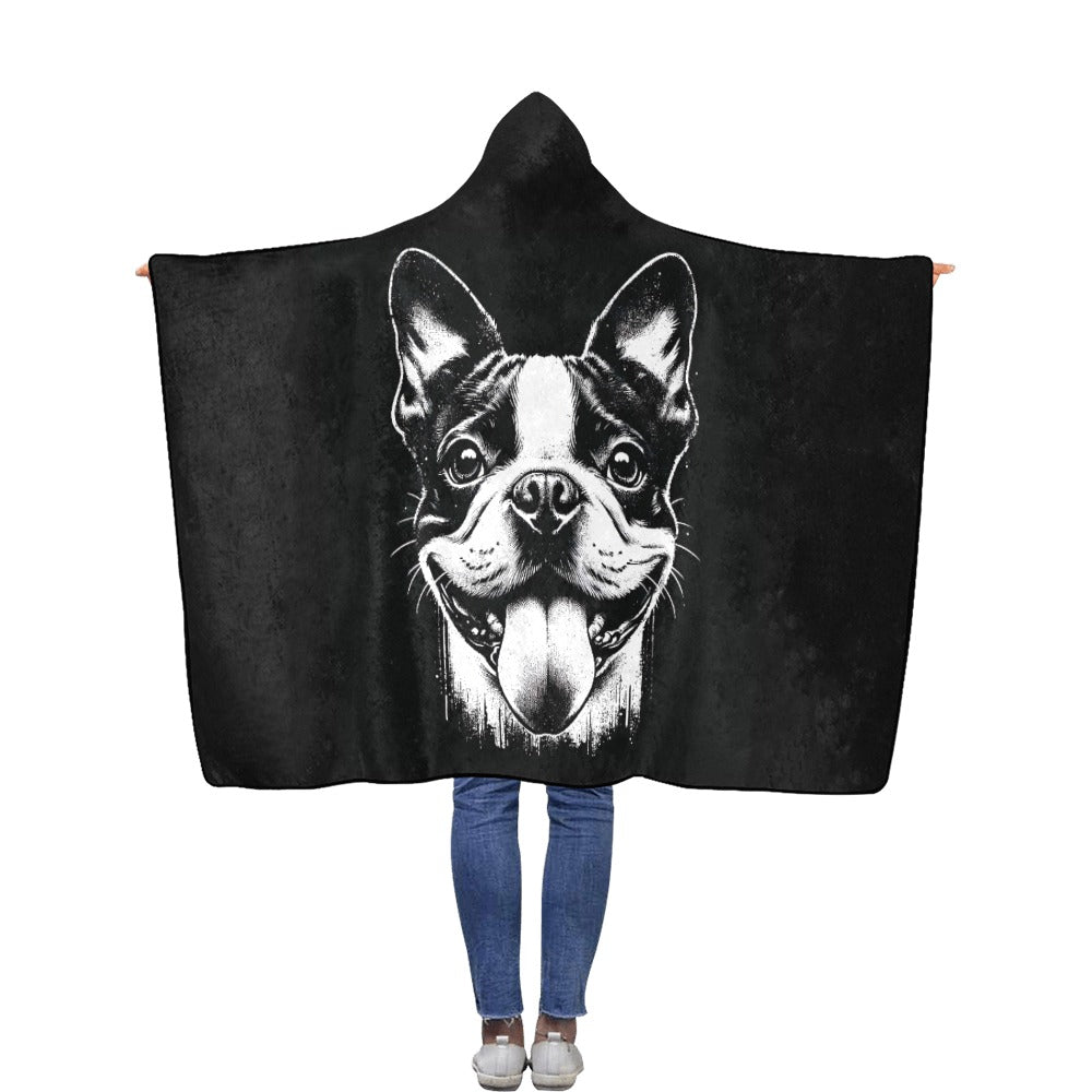 Grungy Boston Terrier Tongue Out Flannel Hooded Blanket 50"x60"