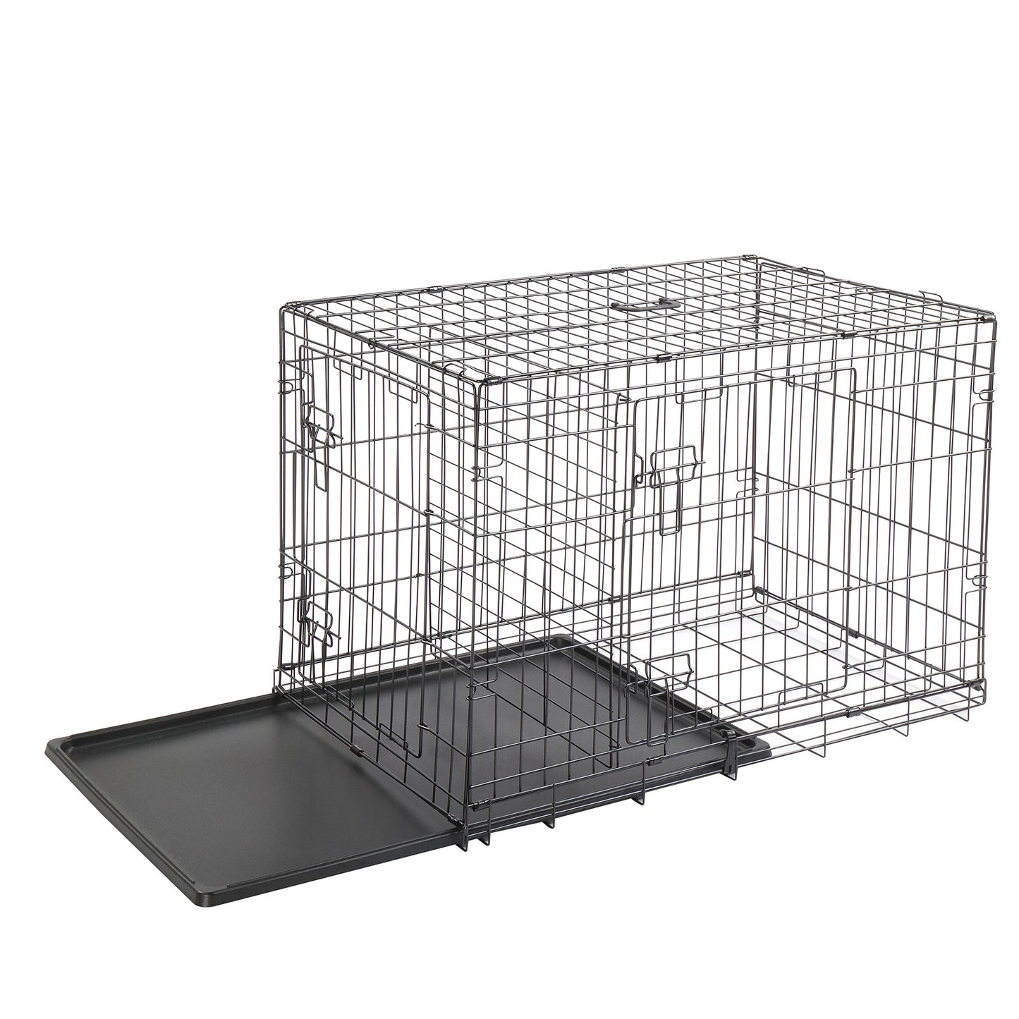 Metal Wire Foldable Dog Crate With Divider Plastic Tray - 42 Inches - Black